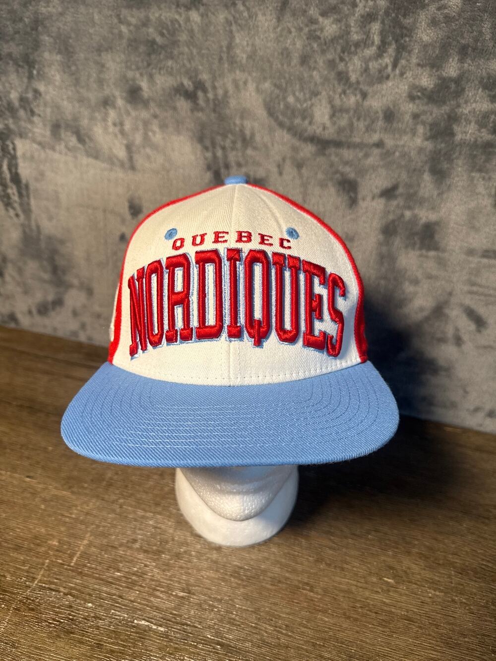 Zephyr Quebec Nordiques NHL Snapback Hat Red Blue Cream 3D Puff Script Cap OSFA